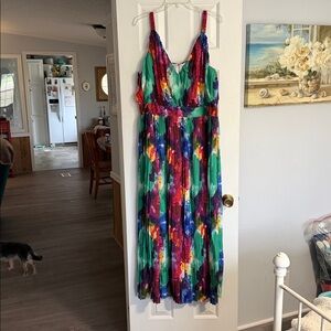 Vibrant Multicolor Maxi Dress - Sleeveless Pleated Design